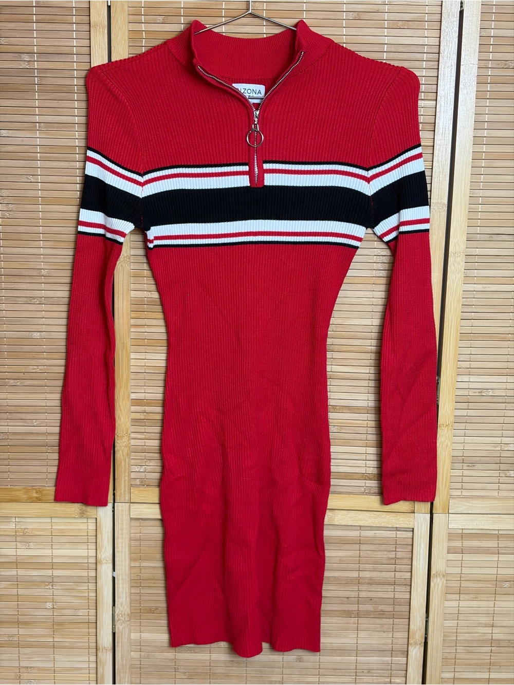Arizona Red Ribbed Zip-Neck Sweater Dress with Stripes S Stretch Flaw Read